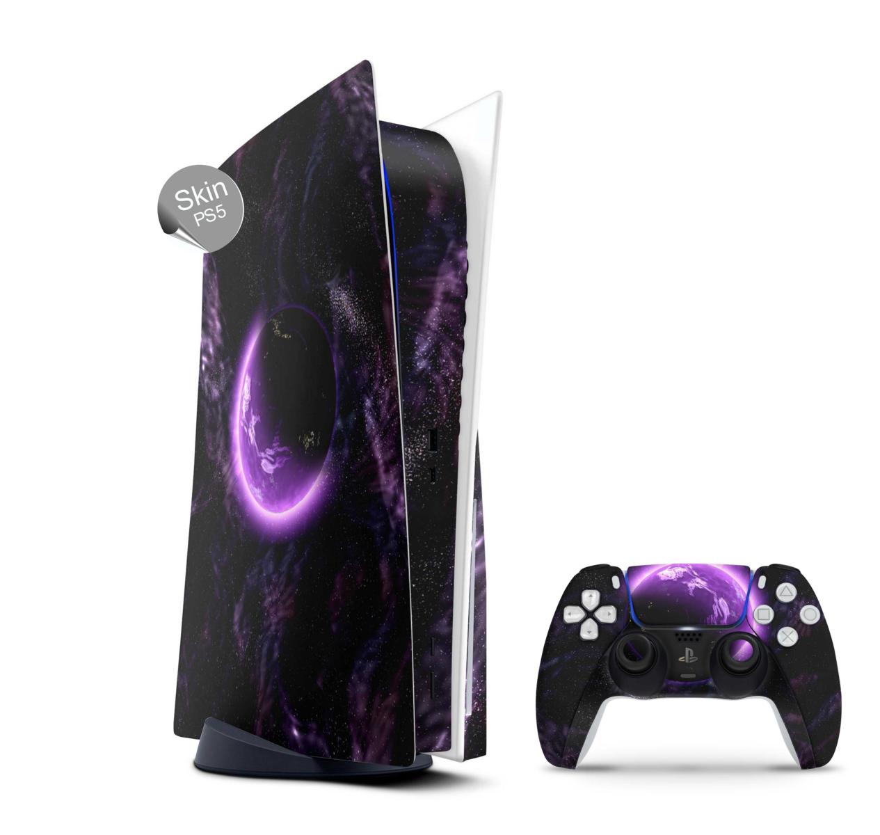 PS5 Skin Design Aufkleber Vinyl Folie Premium Skins mit PS5 Controller Purple Space Aufkleber Skins4u