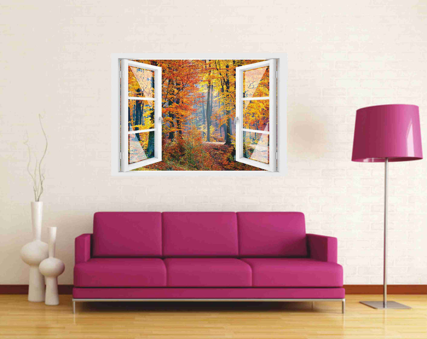 Offenes Fenster 3D Wandtattoo – Selbstklebender Wandaufkleber/Wandsticker – Motiv Herbstwald Wandtattoo skins4u