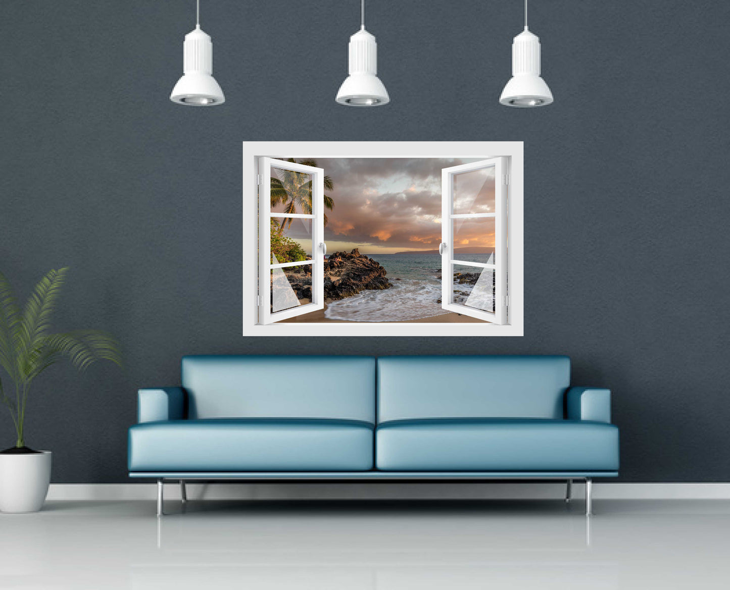 Offenes Fenster 3D Wandtattoo – Selbstklebender Wandaufkleber/Wandsticker – Motiv Palmenbucht Wandtattoo skins4u