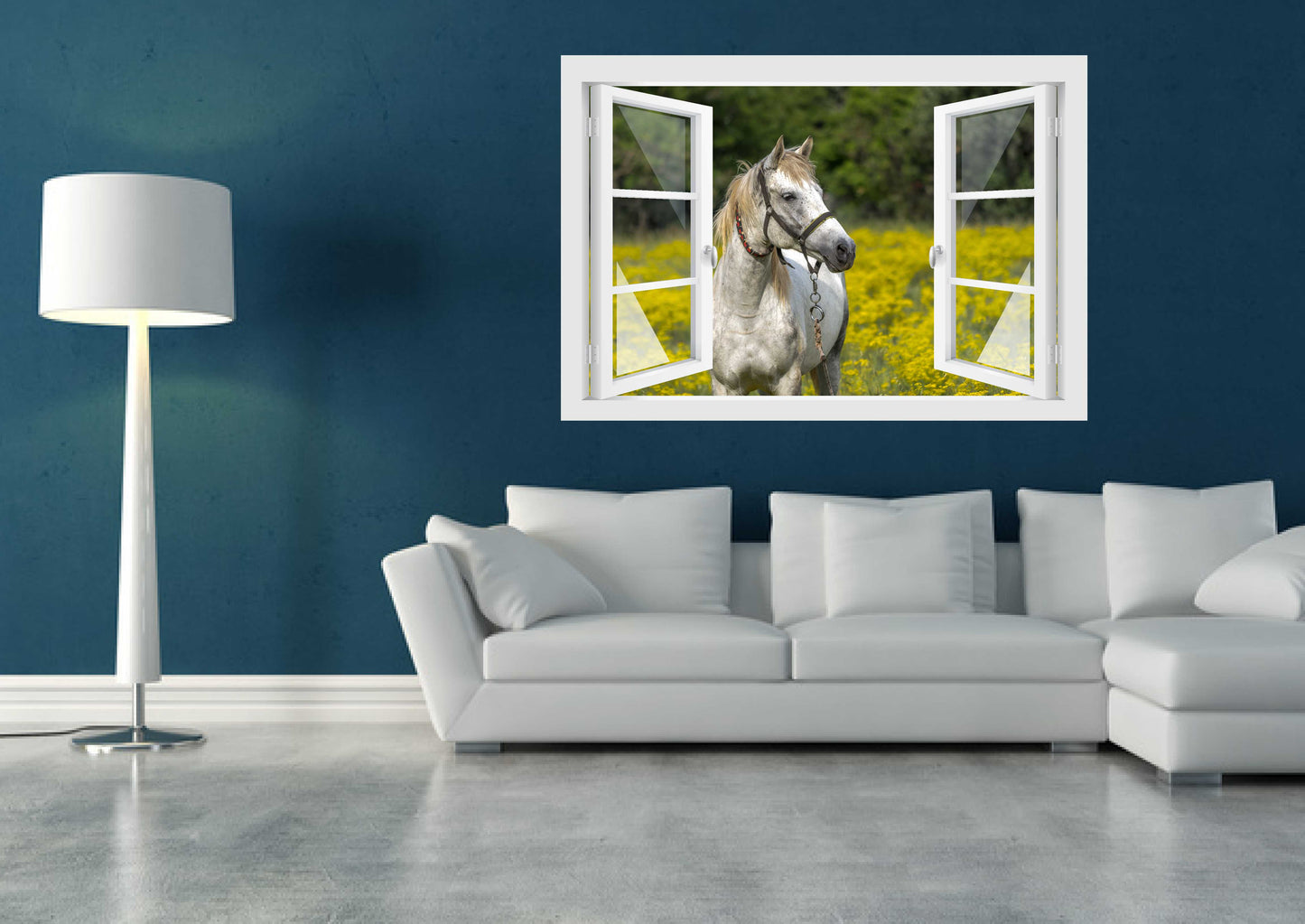 Offenes Fenster 3D Wandtattoo – Selbstklebender Wandaufkleber/Wandsticker – Motiv Pferd Wiese Wandtattoo skins4u