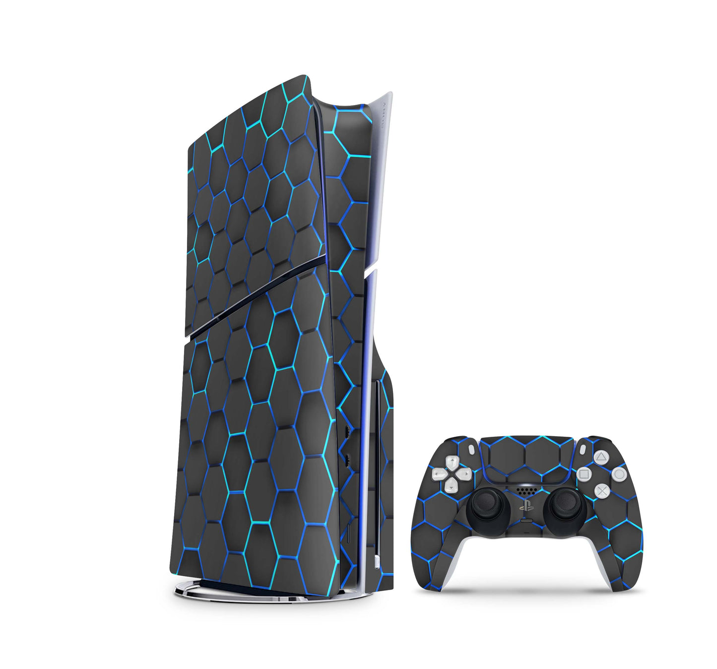 PS5 Slim Skins Disk Edition Aufkleber Design Premium Playstation 5 Skin + PS5 Controller Skin Exo blau Aufkleber skins4u