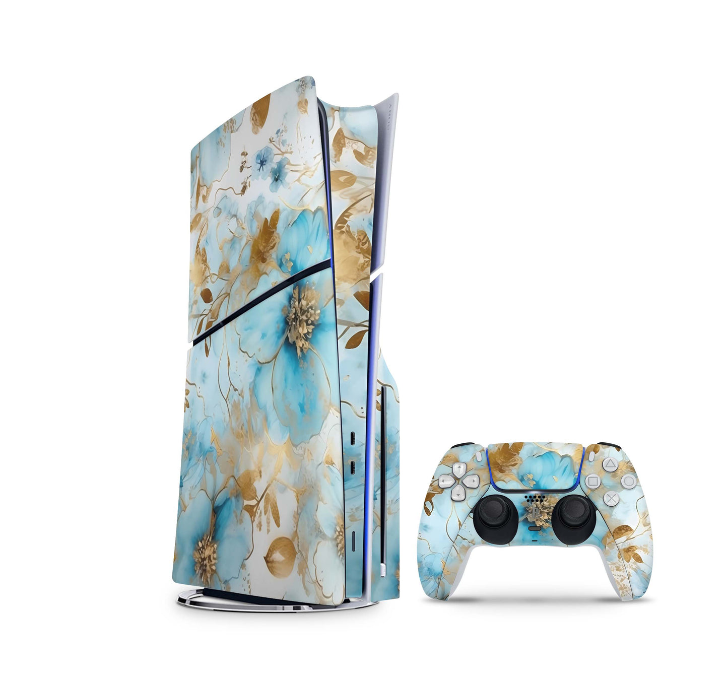 PS5 Slim Skins Disk Edition Aufkleber Design Premium Playstation 5 Skin + PS5 Controller Skin Gold blue Fantasy Aufkleber skins4u