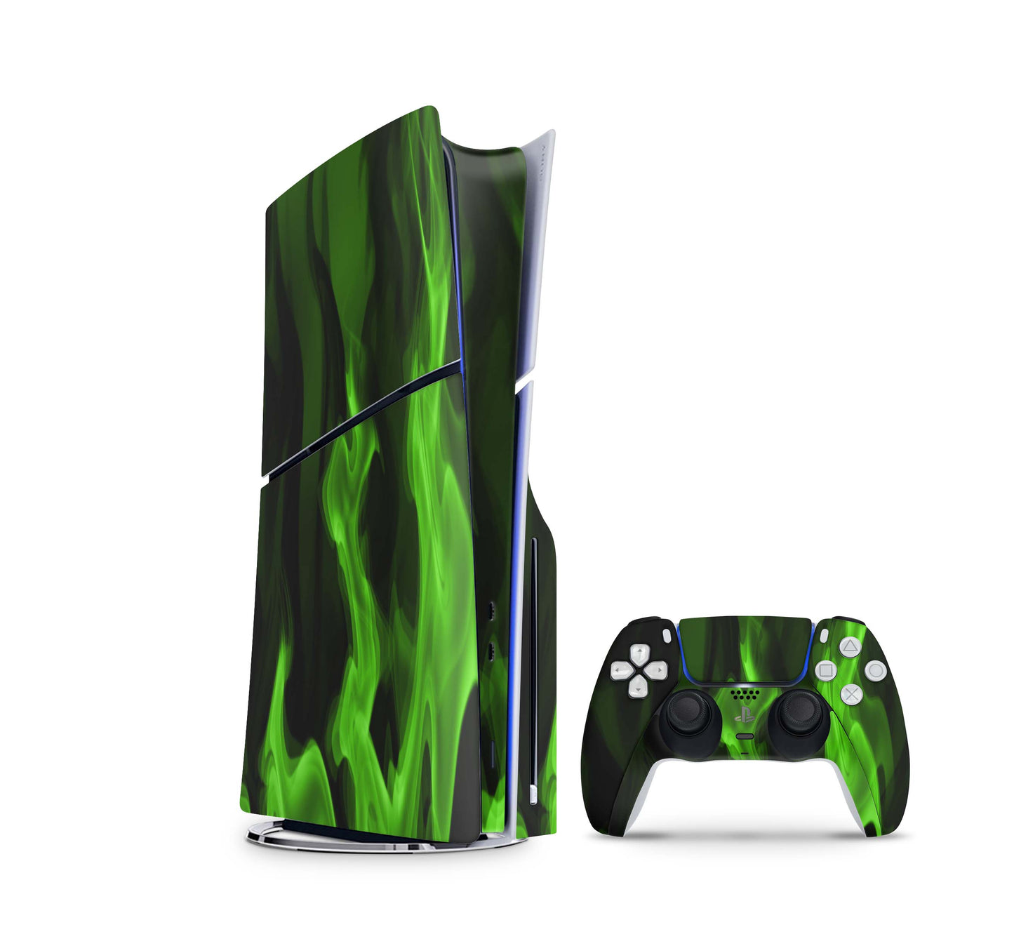 PS5 Slim Skins Disk Edition Aufkleber Design Premium Playstation 5 Skin + PS5 Controller Skin Gruene Flammen Aufkleber skins4u