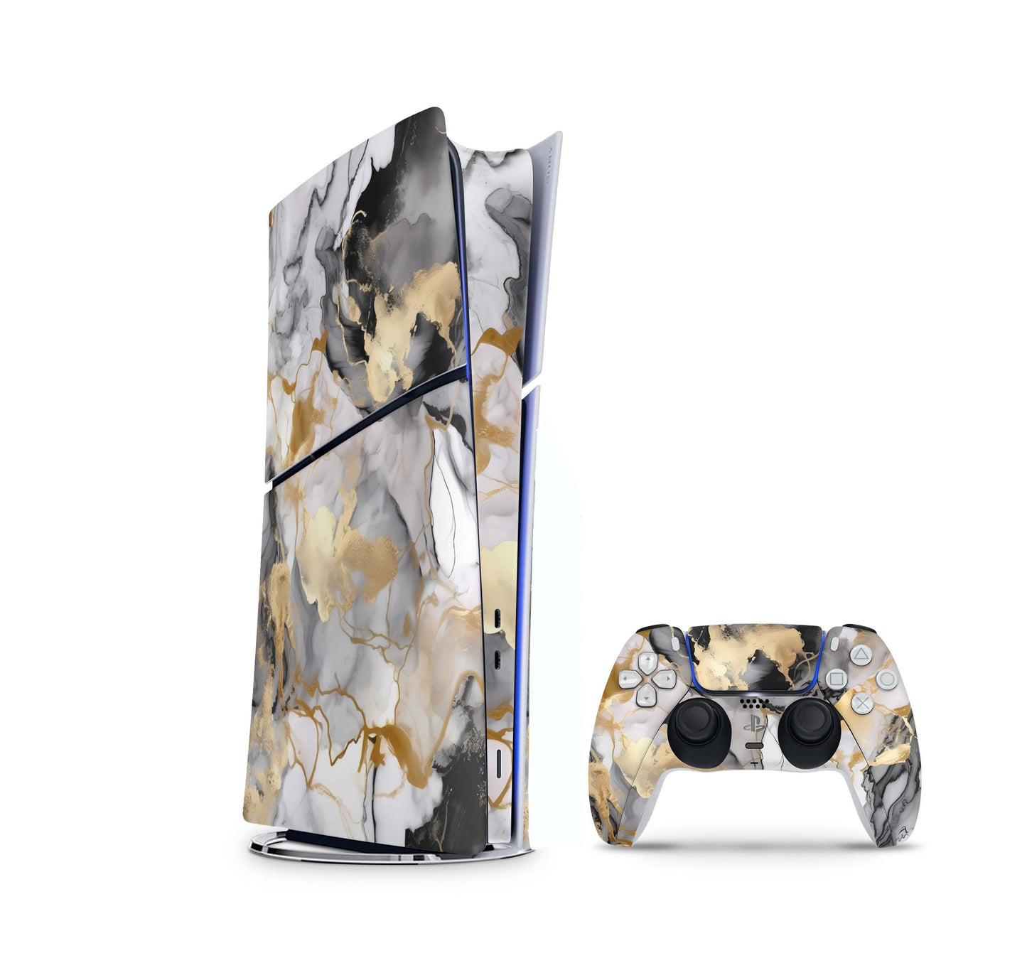 PS5 Slim Skins DIGITAL Edition Aufkleber Design Premium Playstation 5 Skin + PS5 Controller Skin Marmor gold black Aufkleber skins4u