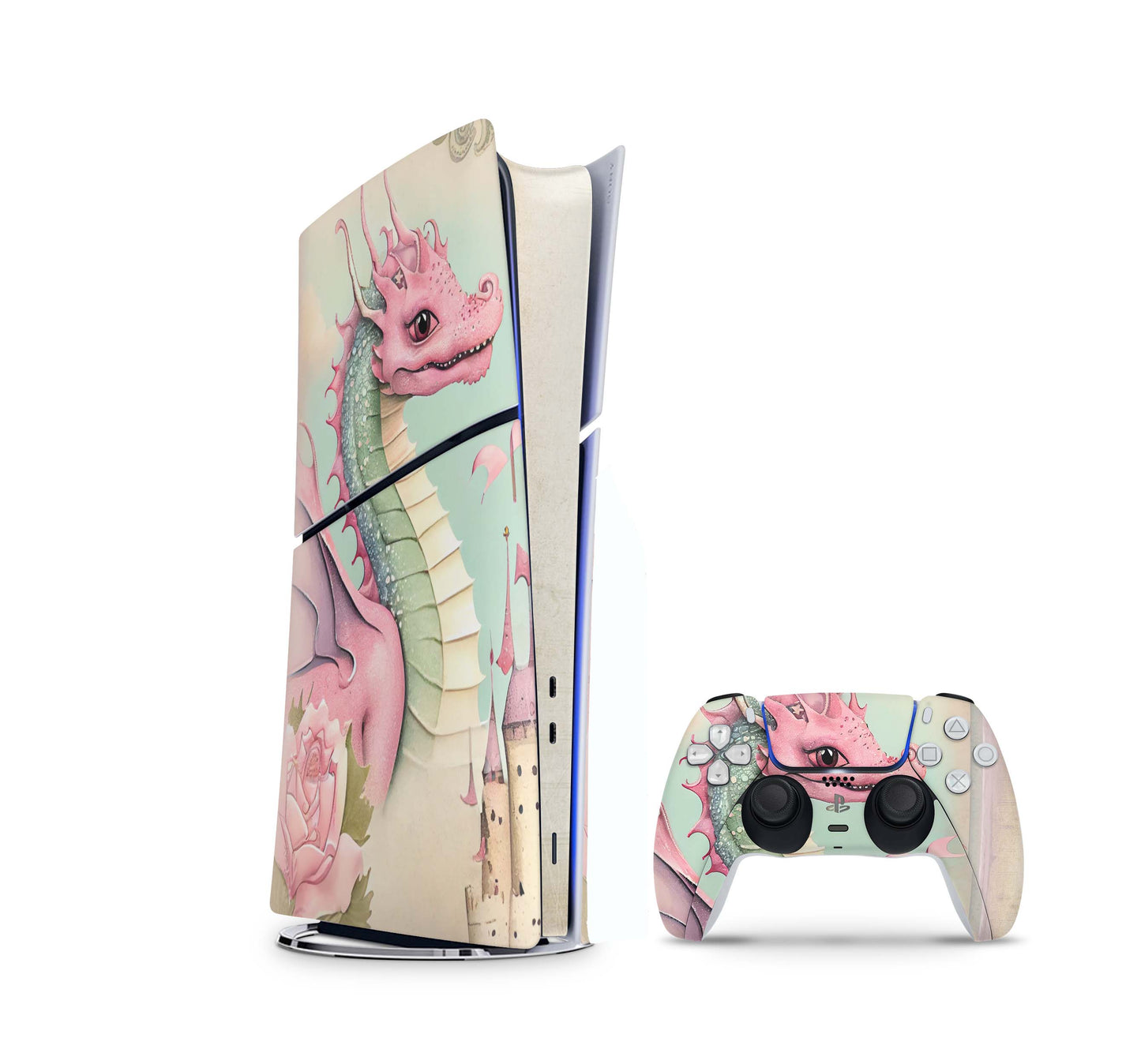 PS5 Slim Skins DIGITAL Edition Aufkleber Design Premium Playstation 5 Skin + PS5 Controller Skin Pink Dragon Aufkleber skins4u