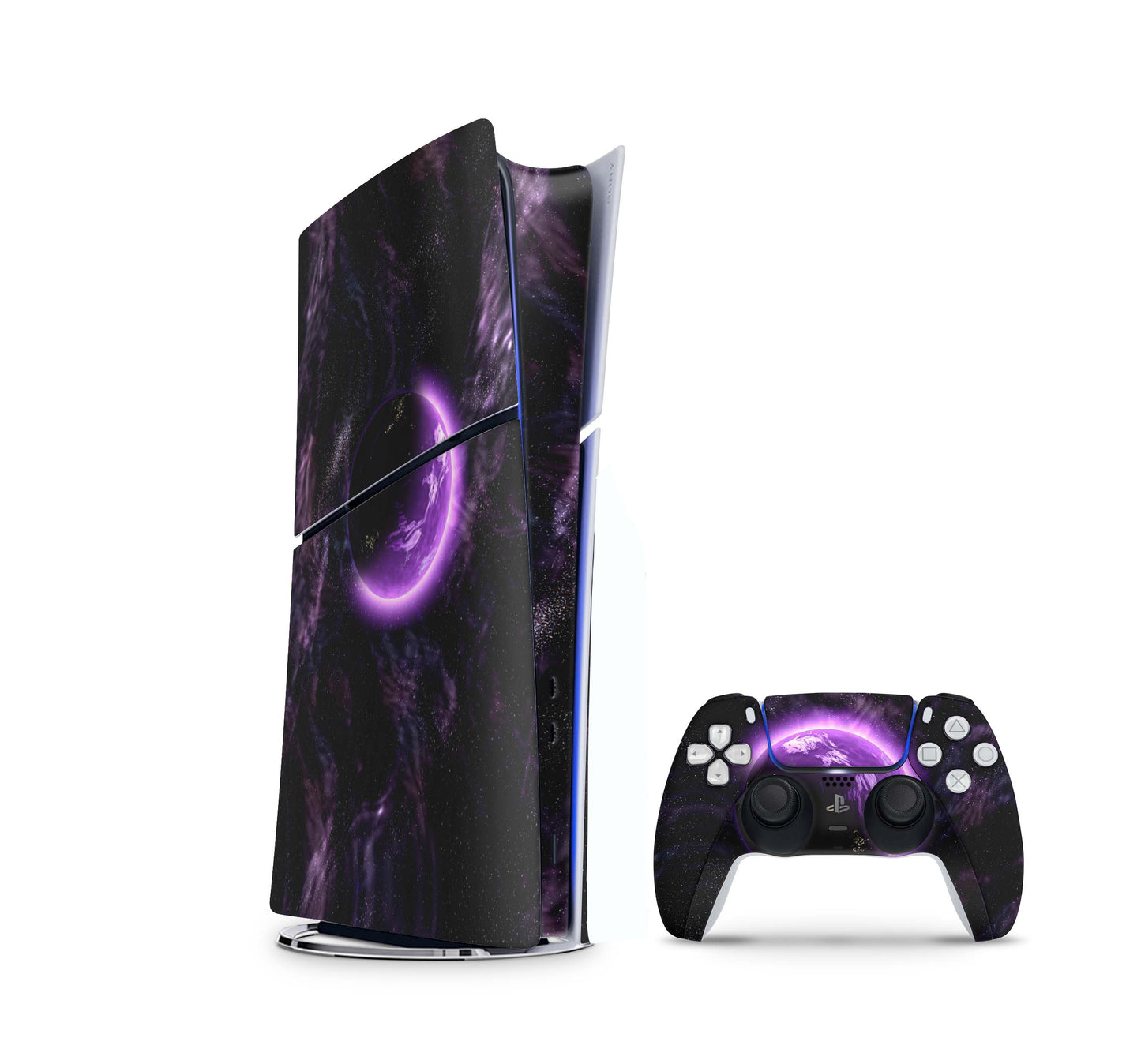 PS5 Slim Skins DIGITAL Edition Aufkleber Design Premium Playstation 5 Skin + PS5 Controller Skin Purple Space Aufkleber skins4u