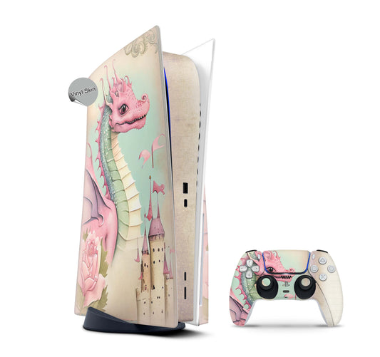 PS5 Skin Design Aufkleber Vinyl Folie Premium Skins mit PS5 Controller Drache Pink Dragon Aufkleber Skins4u   