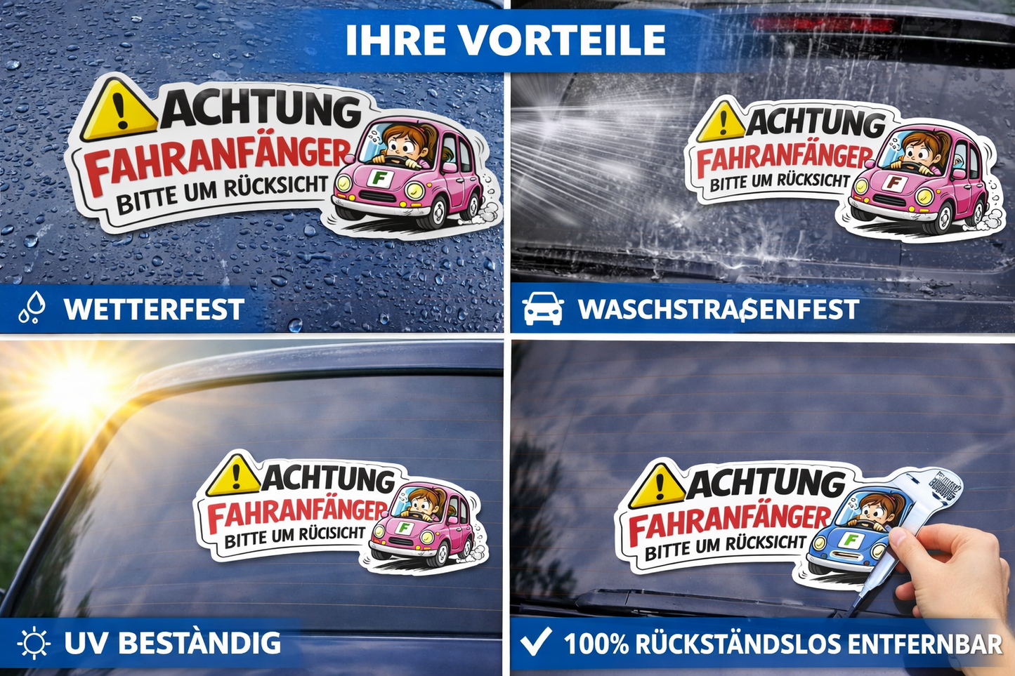 Aufkleber Fahranfänger - lustiger Auto Aufkleber im Comic Style Mädchen / Frauen Aufkleber Skins4u