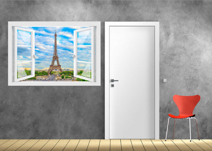 Offenes Fenster 3D Wandtattoo – Selbstklebender Wandaufkleber/Wandsticker – Motiv Eiffelturm Paris Blue Sky Wandtattoo skins4u   