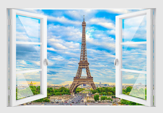 Offenes Fenster 3D Wandtattoo – Selbstklebender Wandaufkleber/Wandsticker – Motiv Eiffelturm Paris Blue Sky Wandtattoo skins4u   