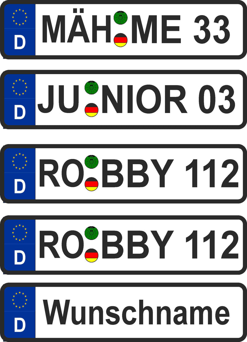 Wunsch Kennzeichen Nummernschild Aufkleber Mähroboter, Saugroboter, Wischroboter, Kettcar, Roller personalisiert mit Deinem Wunschnamen individuell gestalten
