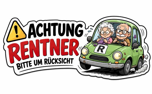 Aufkleber Achtung Rentner - lustiger Auto Aufkleber im Comic Style Senioren Motiv Oma & Opa Aufkleber Skins4u