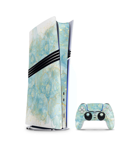 PS5 Pro Skin Aufkleber Design Schutzfolie + Controller Skin Folie Türkis Gold Aufkleber Skins4u   