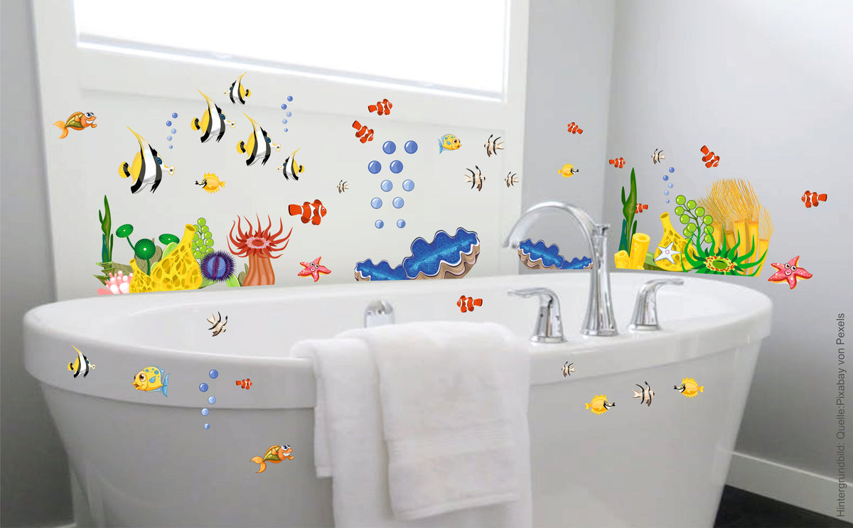 Bad Deko Wandtattoo XXL Set Unterwasserwelt Fische Badezimmer WC Flies – Skins4u