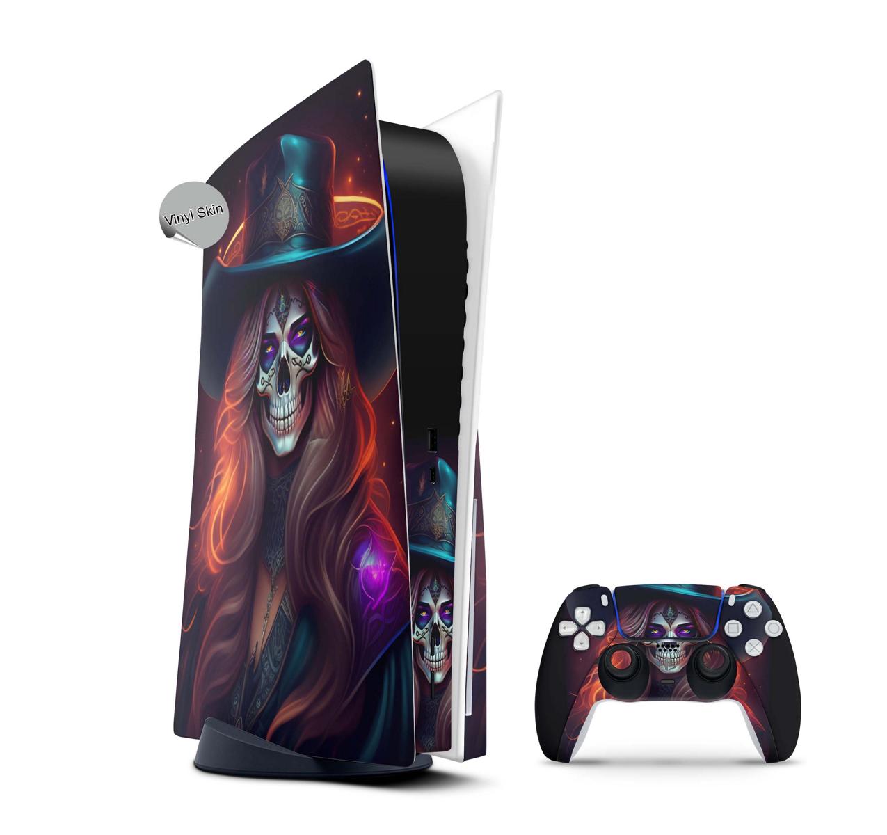 PS5 Skin Design Aufkleber Vinyl Folie Premium Skins mit PS5 Controller Skull Lady Aufkleber Skins4u   