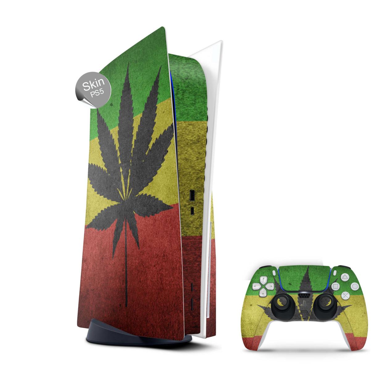 PS5 Skin Design Aufkleber Vinyl Folie Premium Skins mit PS5 Controller Canabis Aufkleber Skins4u   