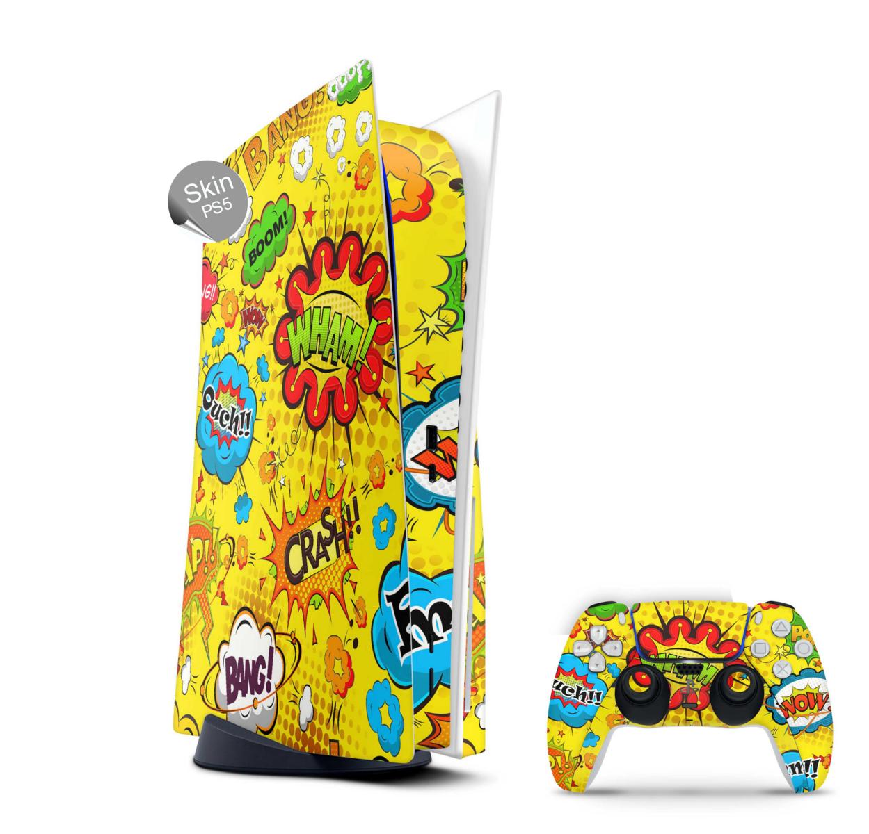 PS5 Skin Design Aufkleber Vinyl Folie Premium Skins mit PS5 Controller Comics gelb Aufkleber Skins4u   