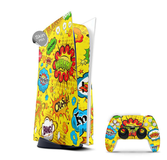 PS5 Skin Design Aufkleber Vinyl Folie Premium Skins mit PS5 Controller Comics gelb Aufkleber Skins4u   