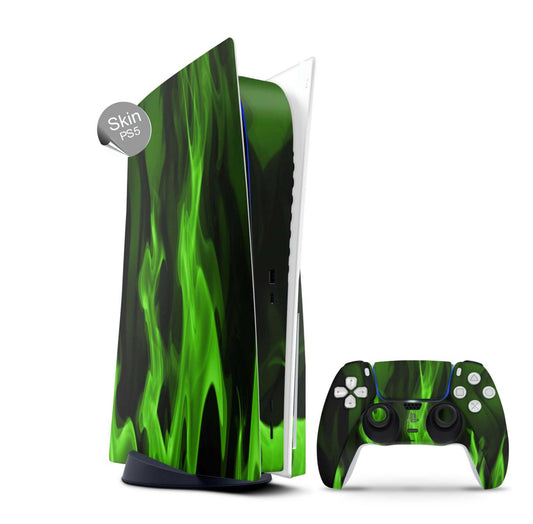 PS5 Skin Design Aufkleber Vinyl Folie Premium Skins mit PS5 Controller Grüne Flammen Aufkleber Skins4u   