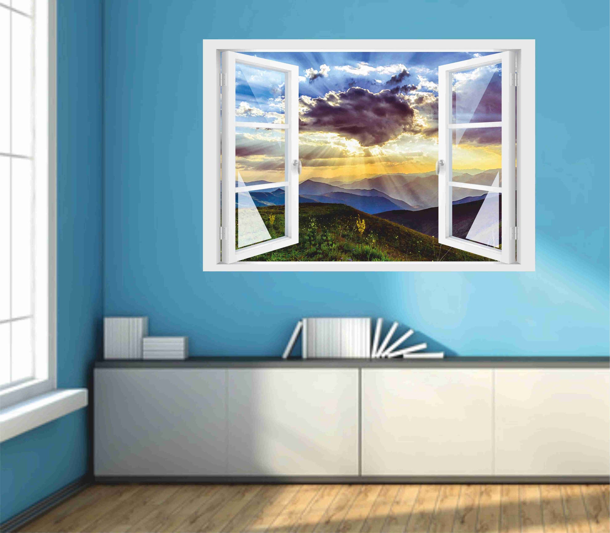 Offenes Fenster 3D Wandtattoo – Selbstklebender Wandaufkleber/Wandsticker – Motiv Sunset Wandtattoo skins4u   