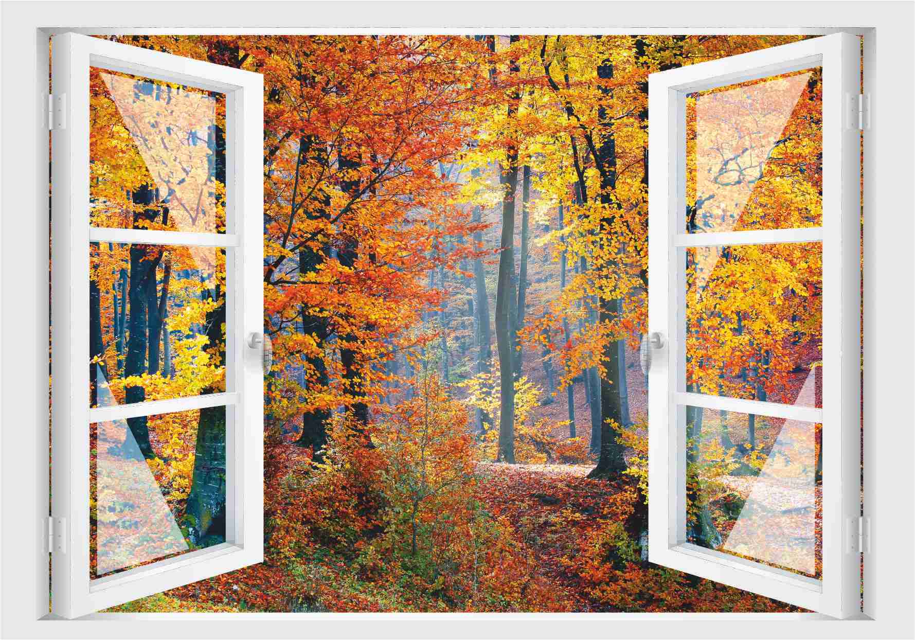 Offenes Fenster 3D Wandtattoo – Selbstklebender Wandaufkleber/Wandsticker – Motiv Herbstwald Wandtattoo skins4u   