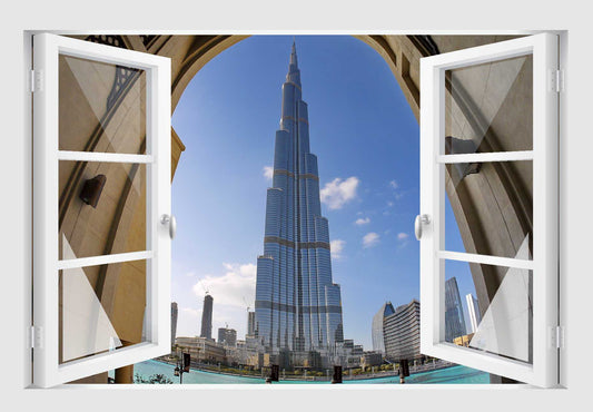 Offenes Fenster 3D Wandtattoo – Selbstklebender Wandaufkleber/Wandsticker – Motiv Dubai Burj Khalifa Wandtattoo skins4u   