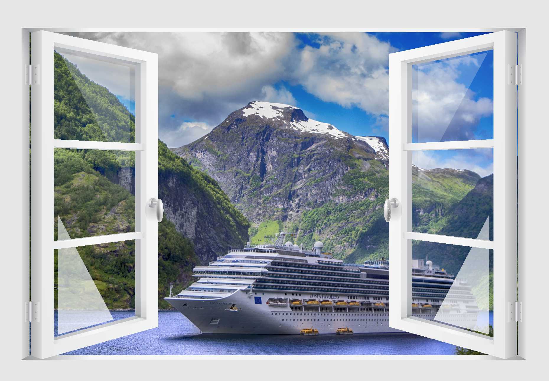 Offenes Fenster 3D Wandtattoo – Selbstklebender Wandaufkleber/Wandsticker – Motiv Kreuzfahrt Fjorde Wandtattoo skins4u   