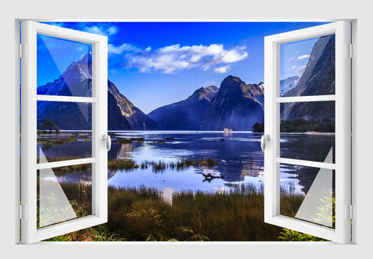 Offenes Fenster 3D Wandtattoo – Selbstklebender Wandaufkleber/Wandsticker – Motiv Berge & See Wandtattoo skins4u   