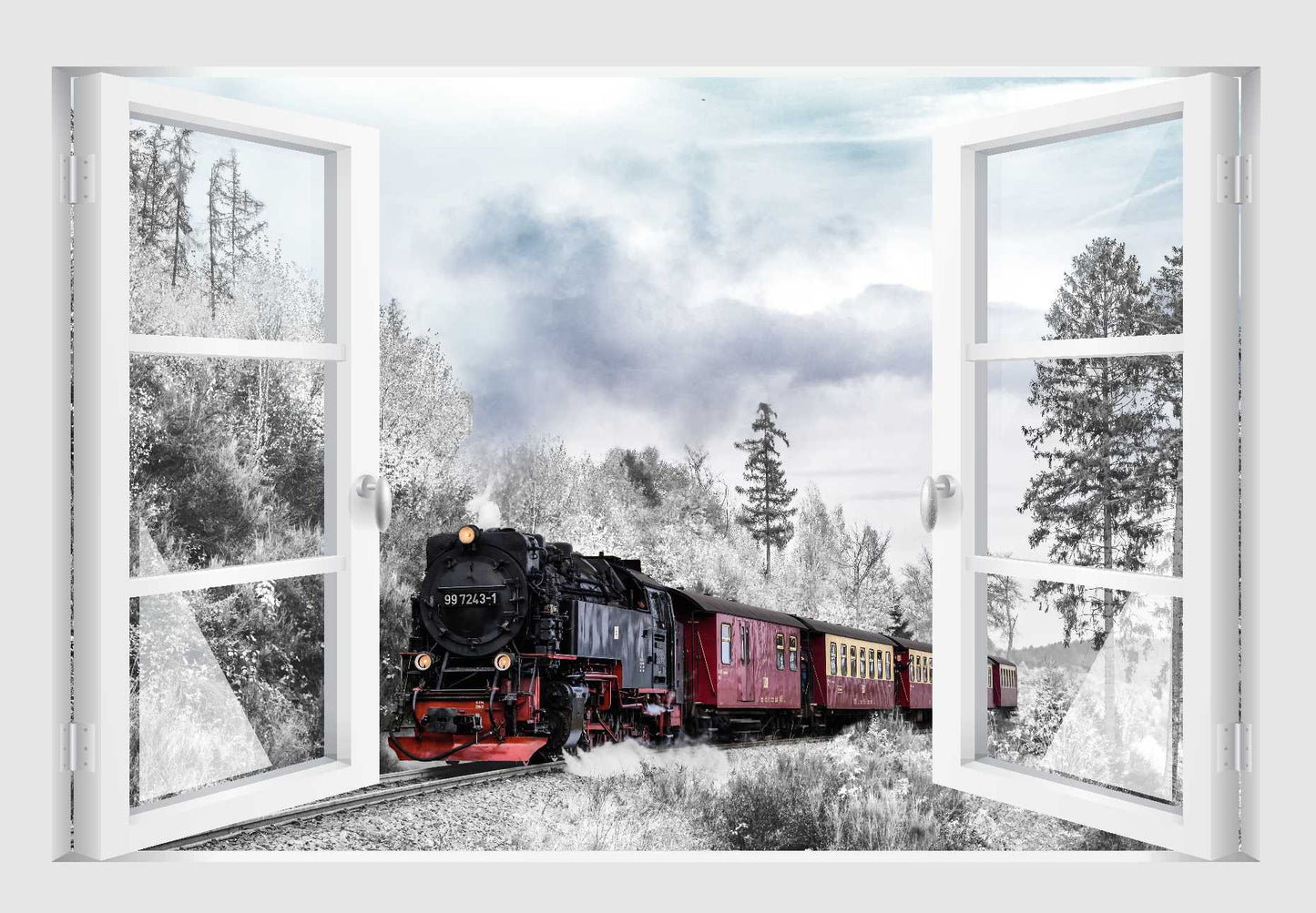 Offenes Fenster 3D Wandtattoo – Selbstklebender Wandaufkleber/Wandsticker – Motiv Eisenbahn Wandtattoo skins4u   