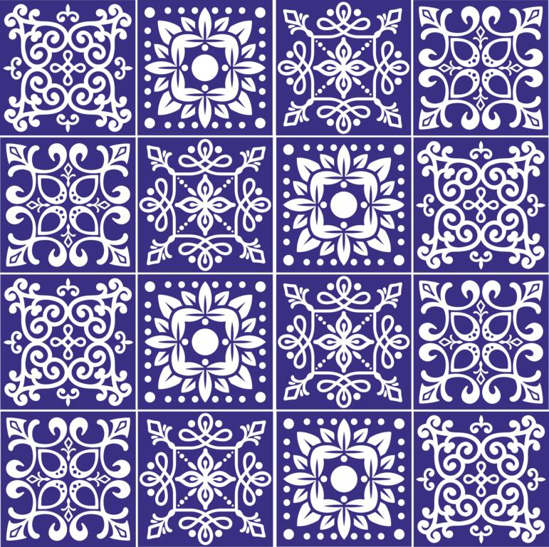 Fliesenaufkleber für Küche, Bad und WC selbstklebende Badfliesen Folien Druck Vintage Style 12 Stück Aufkleber Skins4u 10x10cm Stencil Dunkelblau