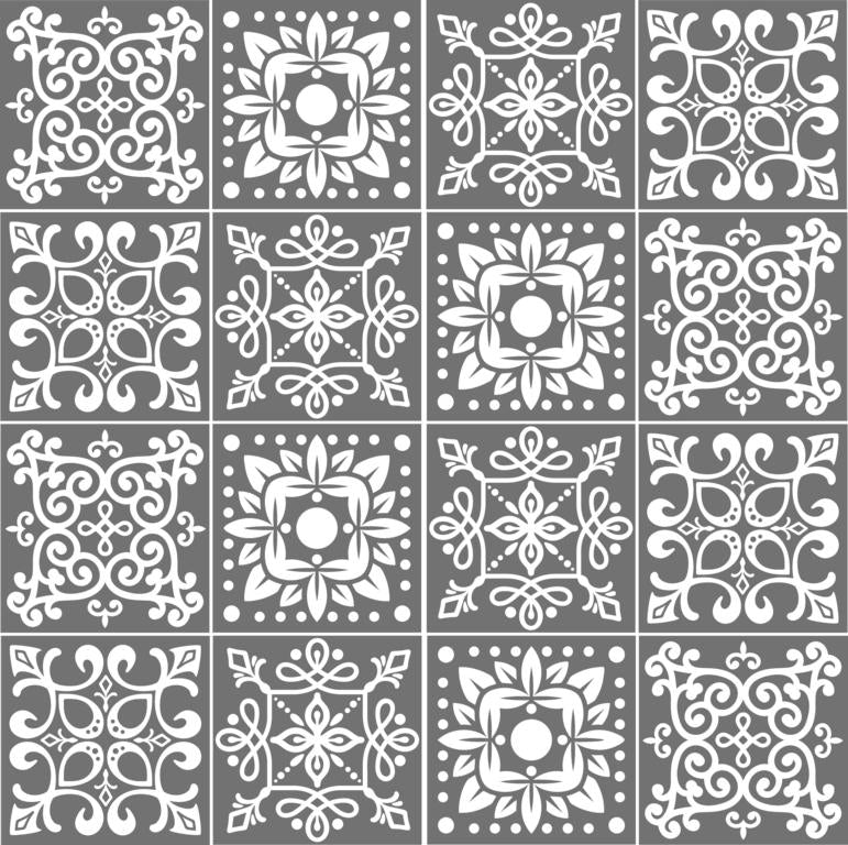 Fliesenaufkleber für Küche, Bad und WC selbstklebende Badfliesen Folien Druck Vintage Style 12 Stück Aufkleber Skins4u 10x10cm Stencil Dunkelgrau