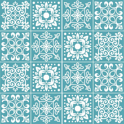 Fliesenaufkleber für Küche, Bad und WC selbstklebende Badfliesen Folien Druck Vintage Style 12 Stück Aufkleber Skins4u 10x10cm Stencil Türkisblau