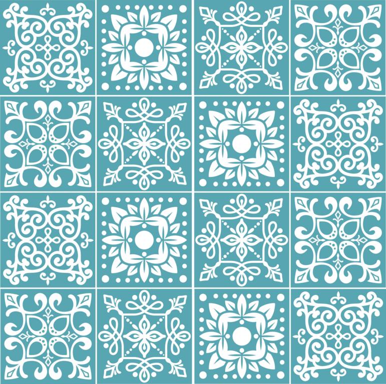 Fliesenaufkleber für Küche, Bad und WC selbstklebende Badfliesen Folien Druck Vintage Style 12 Stück Aufkleber Skins4u 10x10cm Stencil Türkisblau