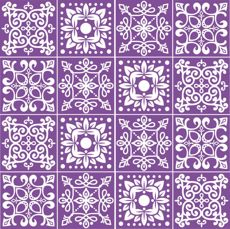 Fliesenaufkleber für Küche, Bad und WC selbstklebende Badfliesen Folien Druck Vintage Style 12 Stück Aufkleber Skins4u 10x10cm Stencil Violet