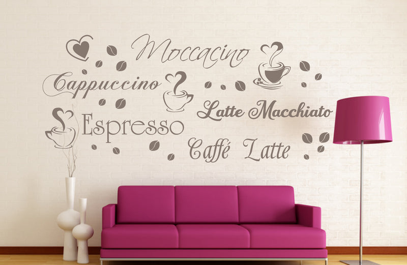 Wandtattoo Küche Kaffeesorten Cappuccino Mocka Schriftzug 100x45cm Wandtattoo skins4u