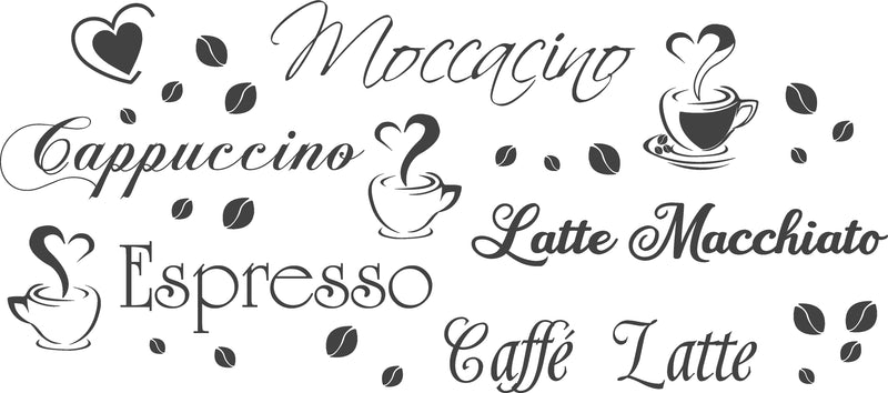 Wandtattoo Küche Kaffeesorten Cappuccino Mocka Schriftzug 100x45cm Wandtattoo skins4u