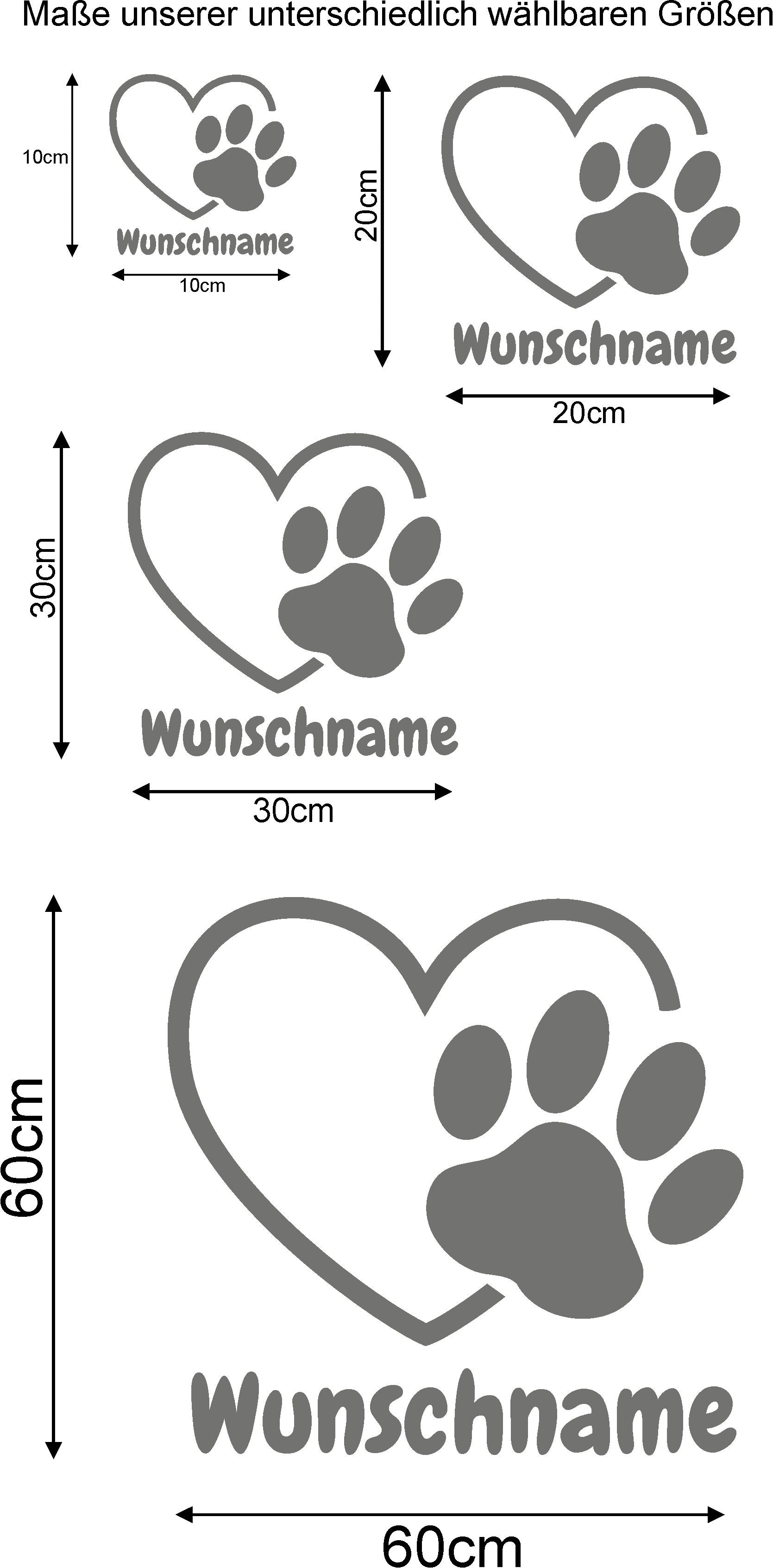 Autoaufkleber Wandtattoo mit Wunschnamen selber gestalten Hunde Namen Pfote mit Herz Haustier für Auto Wand Spiegel Aufkleber Skins4u