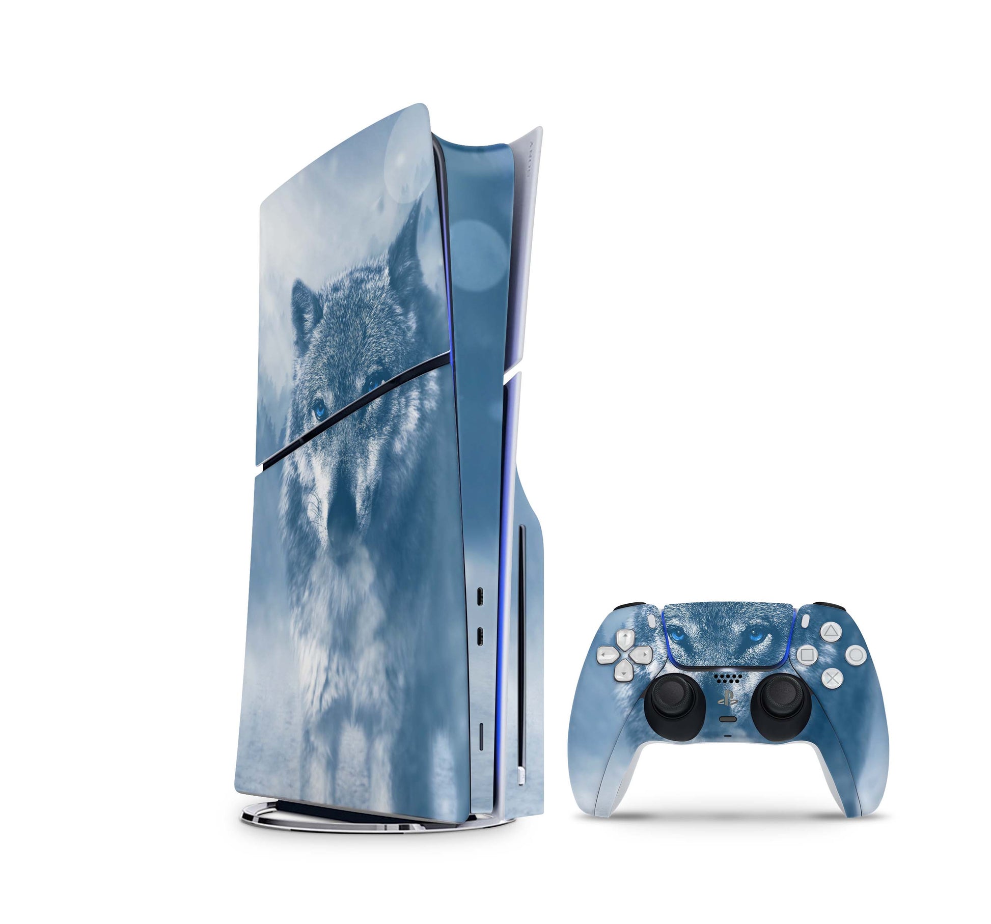 PS5 Slim Skins Disk Edition Aufkleber Design Premium Playstation 5 Skin + PS5 Controller Skin Wolf blue eyes Aufkleber skins4u   