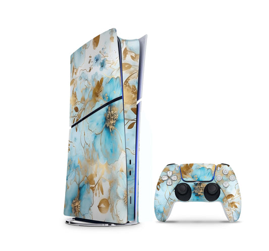 PS5 Slim Skins DIGITAL Edition Aufkleber Design Premium Playstation 5 Skin + PS5 Controller Skin Gold blue Fantasy Aufkleber skins4u   