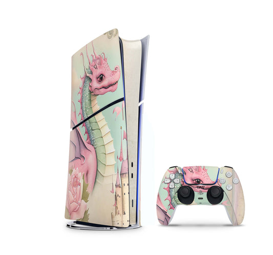 PS5 Slim Skins DIGITAL Edition Aufkleber Design Premium Playstation 5 Skin + PS5 Controller Skin Pink Dragon Aufkleber skins4u   