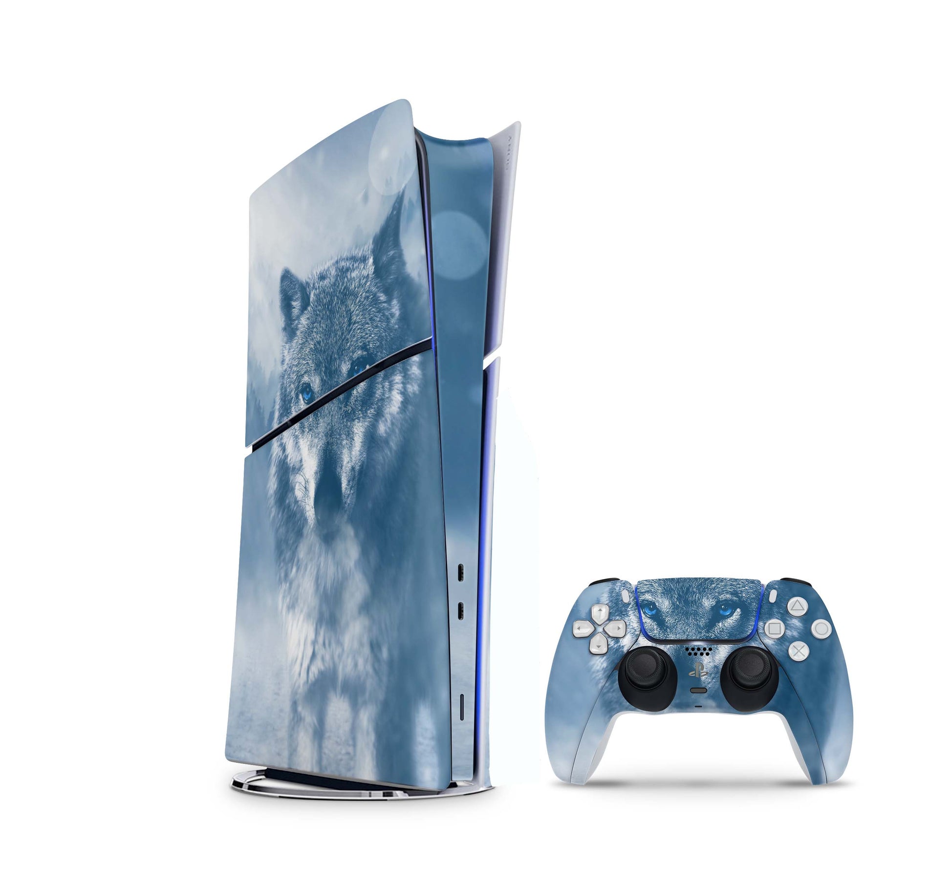 PS5 Slim Skins DIGITAL Edition Aufkleber Design Premium Playstation 5 Skin + PS5 Controller Skin Wolf blue eyes Aufkleber skins4u   