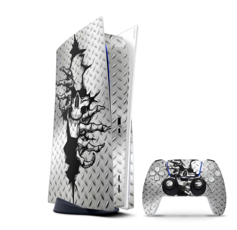 Sony Playstation 5 Skins PS5 Konsolen Aufkleber Vinyl Design Faceplate Skin Aufkleber Skins4u Skull Stahl  