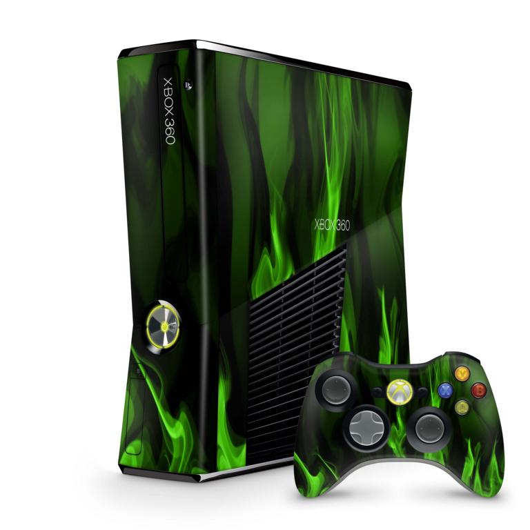 Xbox 360 Slim Skin Design Aufkleber Schutzfolie Vinyl Cover Case modding Skins Aufkleber Skins4u Grüne Flammen  