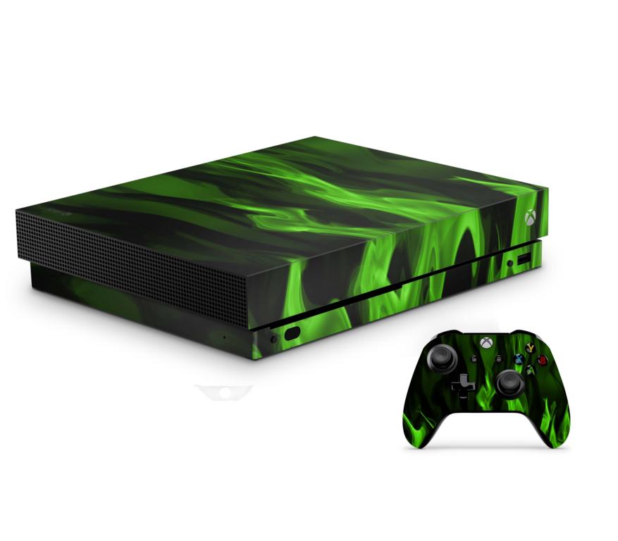 Xbox One X Skin Aufkleber Design Vinyl Schutzfolie Skins Wrap Cover Aufkleber Skins4u Grüne Flammen  